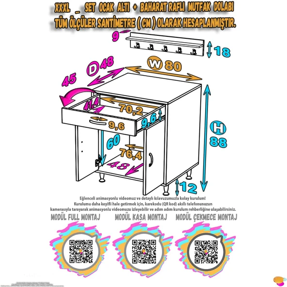 Modilayn DOQU (XXXL) Set Ocak Altı Dolap 80x88x48 cm, Çekmeceli, Kpk, Tüp Bölmeli Ve Baharat Raflı - 5