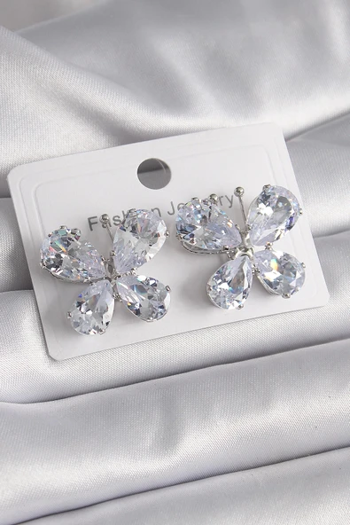 CEYLAN ADAM Pirinç Gümüş Renk Zirkon Taşlı Kelebek Model Kadın Küpe ürün görseli 1