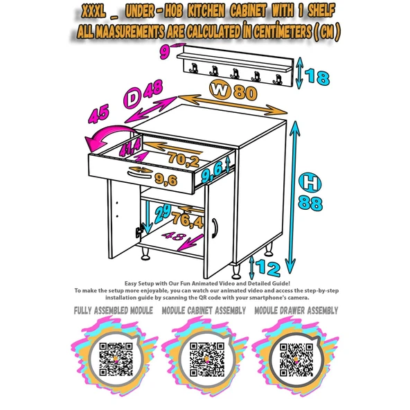 Modilayn QPLAS (XXXL) Set Ocak Altı Dolap 80x88x48 cm. Çekmeceli, kapaklı, raflı ve baharat raflı. - 6