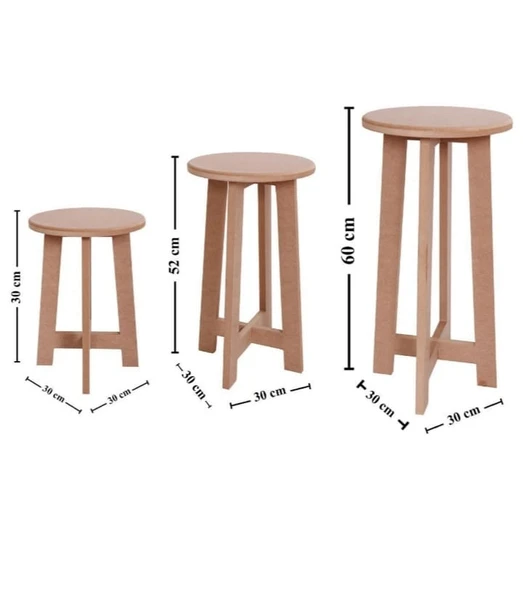 Boyanabilir Ahşap MDF Yuvarlak Demonte 3' lü Tabure Seti