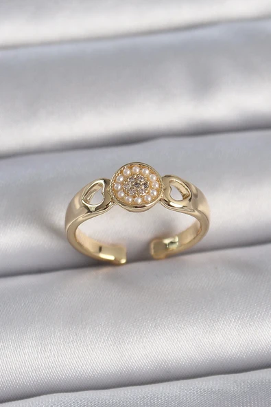 CEYLAN ADAM Pirinç Gold Renk Zirkon Taşlı İncili Kalp İşleme Detay Ayarlanabilir Kadın Yüzük