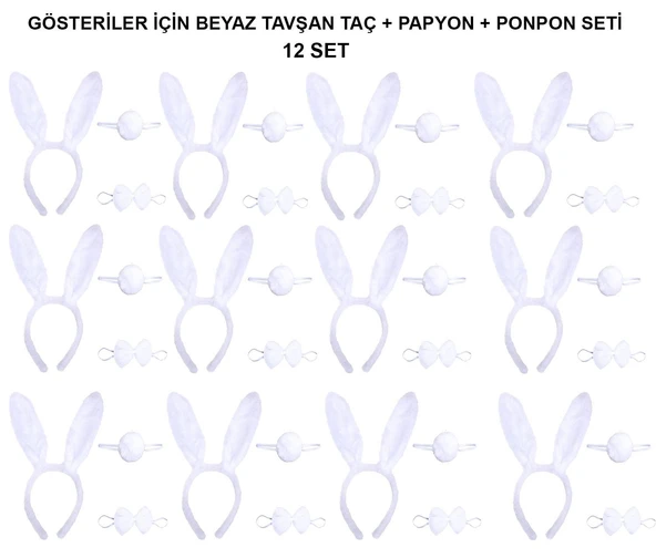 Beyaz Tavşan Kostüm Seti – Taç, Papyon, Kuyruk (12’li Paket)