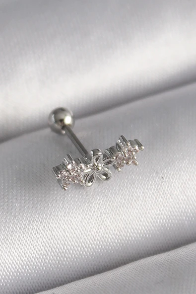 CEYLAN ADAM 316L Çelik Gümüş Renk Zirkon Taşlı Çiçek Tragus Piercing ürün görseli