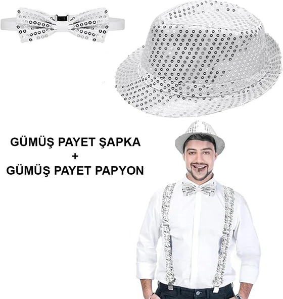 Gümüş Payetli Şapka ve Papyon Seti – Parıltılı Yetişkin Kostüm Seti ürün görseli 1