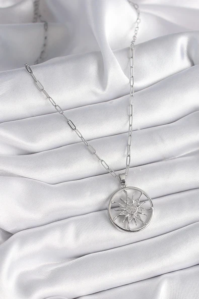 CEYLAN ADAM 316L Çelik Gümüş Renk Zirkon Taşlı Güneş Madalyon Model Kadın Kolye - 2