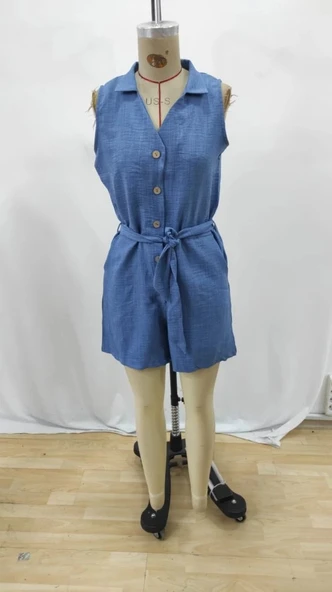 Kadın Sıfır Kollu Yakalı Düğmeli Belden Kuşaklı Kısa Keten Tulum - Resim 6