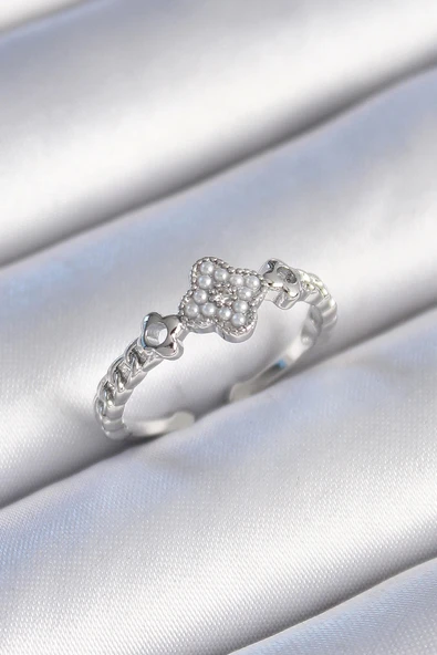 CEYLAN ADAM Pirinç Gümüş Renk İncili Yonca Model Zirkon Taş Detaylı Kadın Yüzük ürün görseli 1