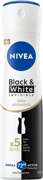 NIVEA Kadın Sprey Deodorant Black & White Invisible İpeksi Pürüzsüzlük, Ter ve Ter Kokusuna Karşı 72 Saat Anti-perspirant Koruma 150 ml