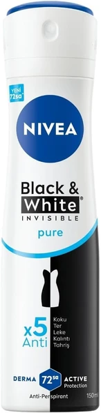 NIVEA Kadın Sprey Deodorant Black&White Invisible Pure 72 Saat Anti-Perspirant Koruma, 150 ml