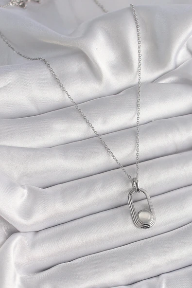 CEYLAN ADAM 316L Çelik Gümüş Renk Zincir Beyaz Kedi Göz Model Kadın Kolye - 2