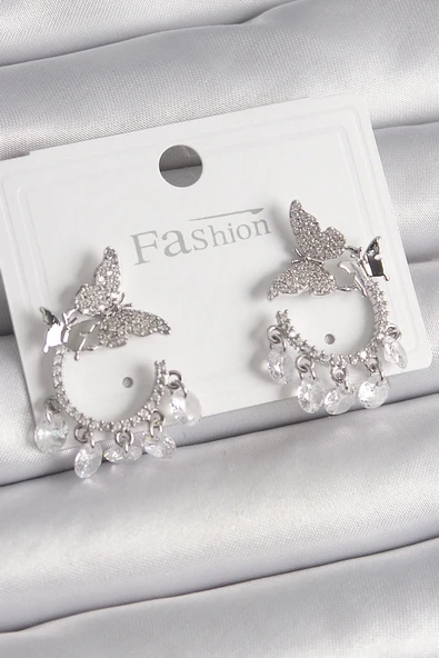 CEYLAN ADAM Pirinç Gümüş Renk Zirkon Taşlı Sallantı Detay Kelebek Model Kadın Küpe