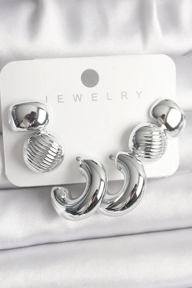 CEYLAN ADAM Gümüş Renk İşlemeli Daire Halka Model CCB Platik Kadın Küpe Seti ürün görseli 1