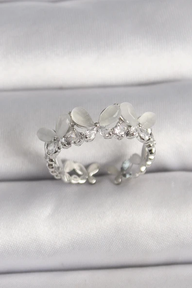 CEYLAN ADAM Pirinç Gümüş Renk Zirkon Taşlı Beyaz Mineli Kelebek Model Ayarlanabilir Yüzük ürün görseli 1