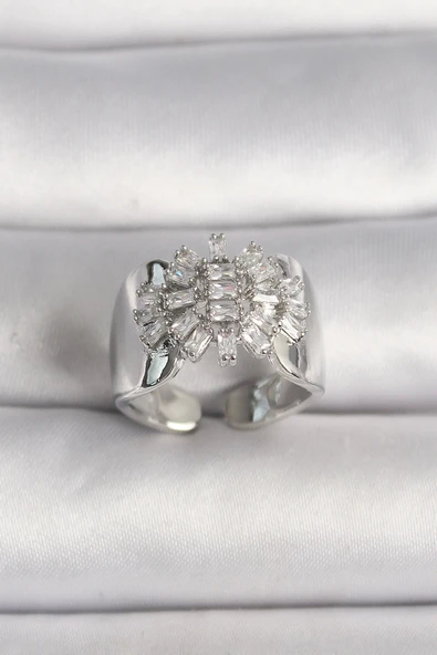 CEYLAN ADAM Pirinç Gümüş Renk Ayarlanabilir Baget Zirkon Taş Model Kadın Yüzük ürün görseli 1