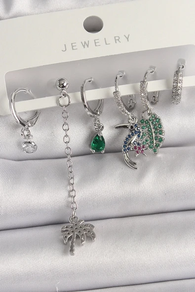 CEYLAN ADAM Pirinç Gümüş Renk Sallantı Zirkon Taşlı Ağaç Figür Çoklu Kadın Küpe Seti ürün görseli 1