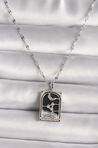 CEYLAN ADAM 316L Çelik Gümüş Renk Zirkon Taşlı  Ay Figürlü Taror Model Kadın Kolye ürün görseli 1