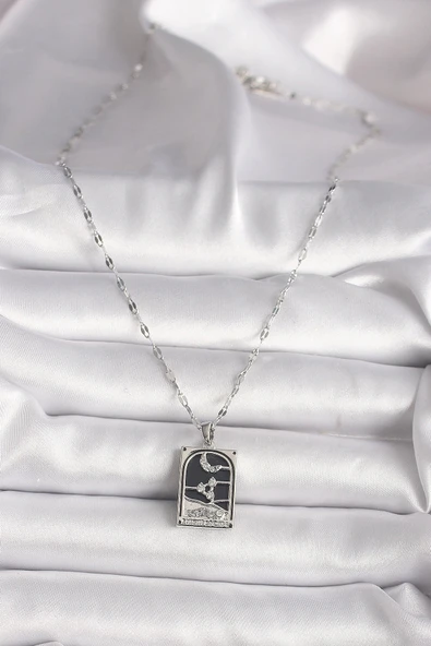 CEYLAN ADAM 316L Çelik Gümüş Renk Zirkon Taşlı  Ay Figürlü Taror Model Kadın Kolye - Resim 2