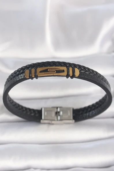 CEYLAN ADAM 316L Çelik Gold Renk Aksesuarlı Çift Sıra Siyah Burgu Desenli Deri Kordon Erkek Bileklik ürün görseli 1