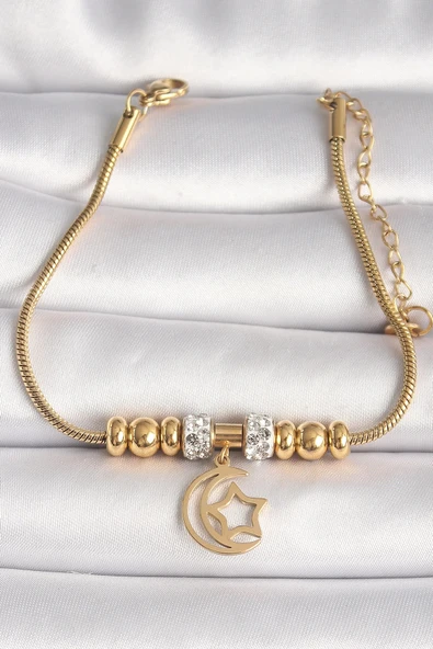 CEYLAN ADAM 316L Çelik Gold Renk Tüp Zincir Zirkon Taş Detaylı Sallantı Ay Yıldız Figür Kadın Bileklik ürün görseli 1