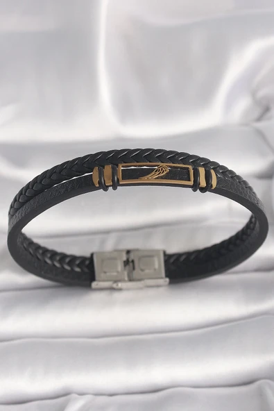 CEYLAN ADAM 316L Çelik Gold Renk Kanat Aksesuarlı Siyah Burgu Model Deri Kordon Erkek Bileklik ürün görseli 1