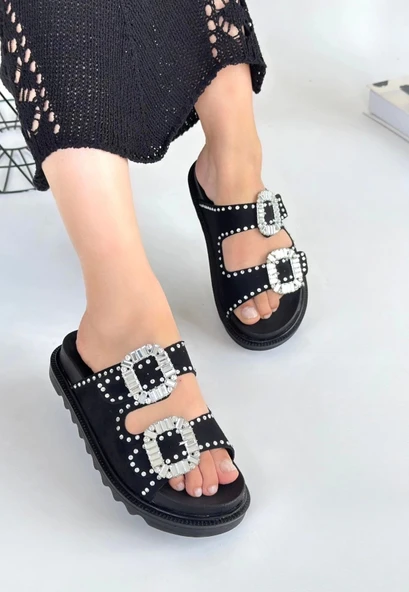 Juana Siyah Nubuk  Taşlı Terlik - Resim 2