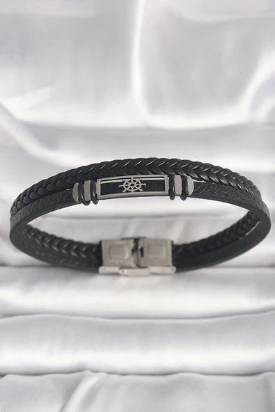 CEYLAN ADAM 316L Çelik Gümüş Renk Gemi Dümeni Figür Siyah Burgu Deri Kordon Model Erkek Bileklik ürün görseli 1