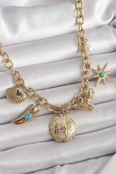 CEYLAN ADAM 316L Çelik Gold Renk Zincir Sallantılı Çoklu Figür Model Kadın Kolye