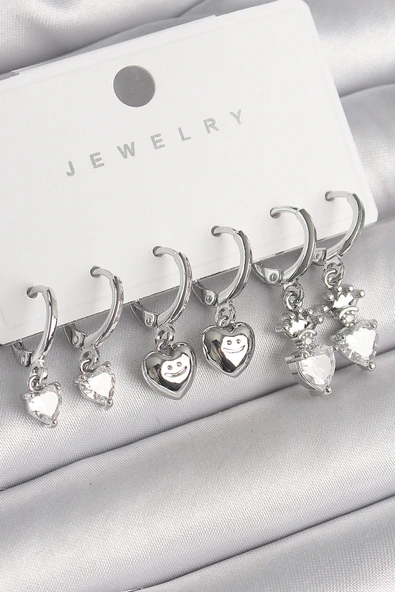 CEYLAN ADAM Pirinç Gümüş Renk Sallantı Zirkon Taşlı Kalp Model Taç Detay Kadın Küpe Seti