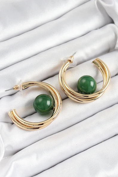 CEYLAN ADAM Pirinç Gold Renk Halka Model Yeşil Boncuk Detay Kadın Küpe - 2