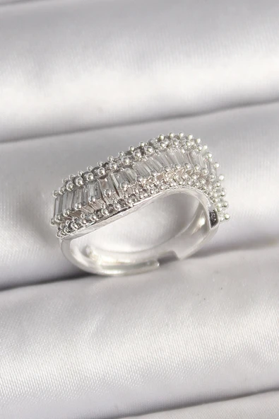 CEYLAN ADAM Pirinç Gümüş Renk Su Yolu Zirkon Dalga Model Ayarlanabilir Kadın Yüzük ürün görseli 1