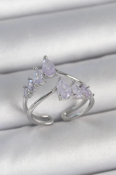 CEYLAN ADAM Pirinç Gümüş Renk Mor Damla Zirkon Taşlı Taç Model Kadın Yüzük ürün görseli 1