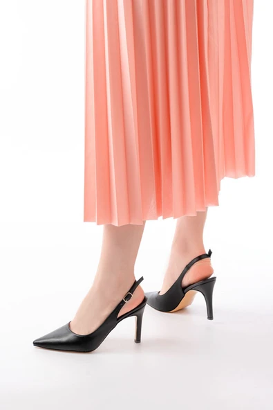 ST-1153 Siyah Rugan Günlük Arkası Açık 9 cm Topuklu Kadın Ayakkabı - 4