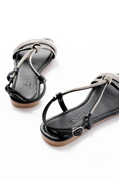 152-1104 Siyah Gümüş Taşlı Günlük Kadın Sandalet - 5