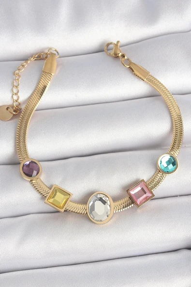 CEYLAN ADAM 316L Çelik Gold Renk İtalyan Zincir Renkli Zirkon Taşlı Kadın Bileklik