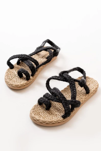 402 Siyah Hasır Kadın Sandalet - 4