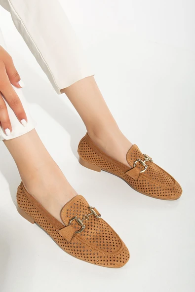 401 Taba Süet Delikli Günlük Kadın Babet - 4