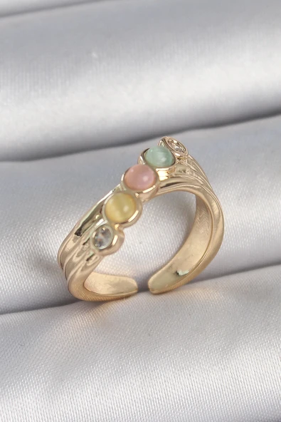 CEYLAN ADAM Pirinç Gold Renk Zirkon Taş Detaylı Karışık Mineli Ayarlanabilir Kadın Yüzük ürün görseli 1