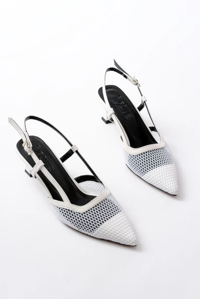 K-607 Beyaz Günlük Fileli Arkası Açık 7 Cm Topuklu Ayakkabı - 3