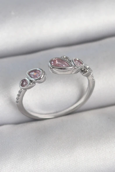 CEYLAN ADAM Pirinç Gümüş Renk Pembe Damla Zirkon Taşlı Ayarlanabilir Model Kadın Yüzük ürün görseli 1