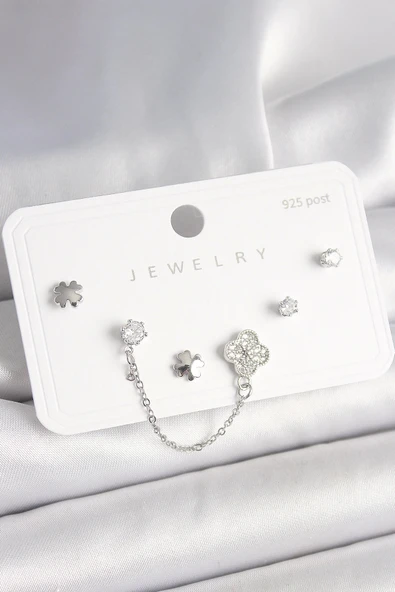 CEYLAN ADAM 925 Ayar Gümüş Çivi Pirinç Gümüş Renk Zirkon Taşlı Yonca Model Sallantı Zincir Detay Kadın Küpe Seti ürün görseli 1