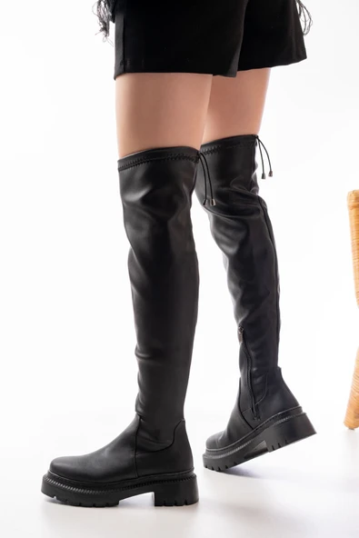 236-2194 Siyah Streç Diz Üstü Fermuarlı Günlük Kadın Çizme - 3