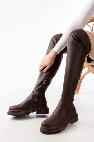 812-2194 Kahverengi Fermuarlı Diz Üstü Bağcıklı Çorap Günlük Kadın Çizme - 3