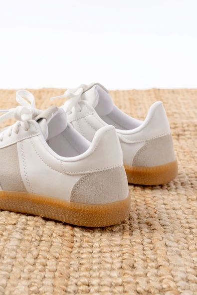 M-6006 Beyaz Garni Leopar Desenli Bağcıklı Termo Taban Günlük Kadın Spor - 10