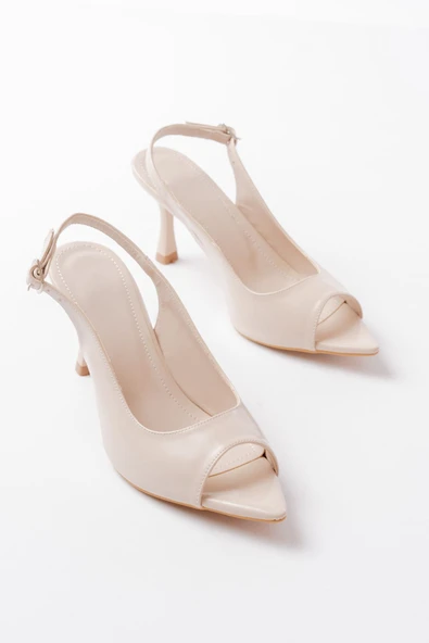 717 Bej Rugan Sivri Burunlu Topuklu Kadın Sandalet - 3