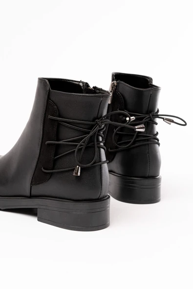 165-209 Siyah Leopar Arka Bağcık Aksesuarlı Fermuarlı Günlük Kadın Bot - 8