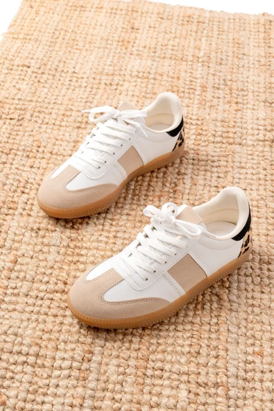 M-6006 Beyaz Garni Leopar Desenli Bağcıklı Termo Taban Günlük Kadın Spor - 2