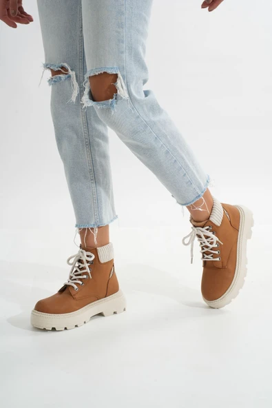 LMÇ-2045 Bej Süet Bağcıklı Kalın Taban Kadın Günlük Bot - 9