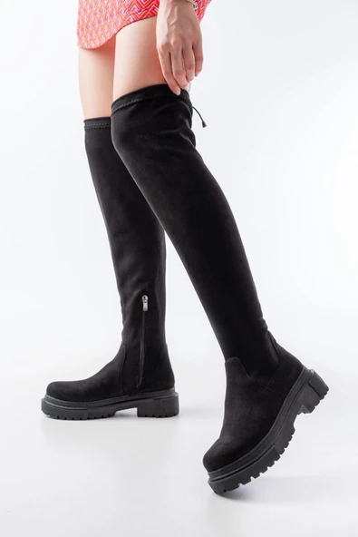 812-2194 Kahverengi Fermuarlı Diz Üstü Bağcıklı Çorap Günlük Kadın Çizme - 5