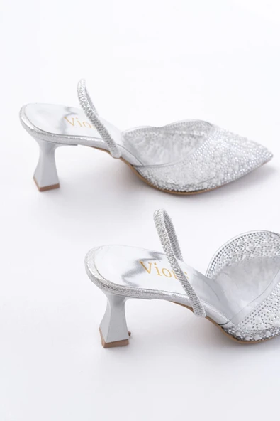 V-1005 Siyah Günlük Arkası Açık Taşlı Topuklu Ayakkabı - 8