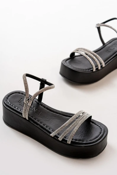 861-1100 Siyah Günlük Gümüş Taşlı Dolgu Kadın Sandalet - 4